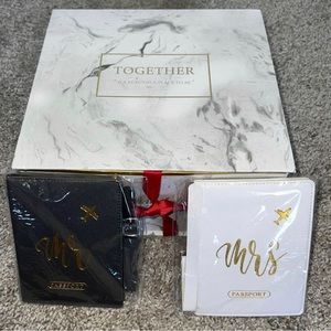 Wedding gift set- bath bombs, wine glasses, candle, Mr/Mrs passports/luggage tag